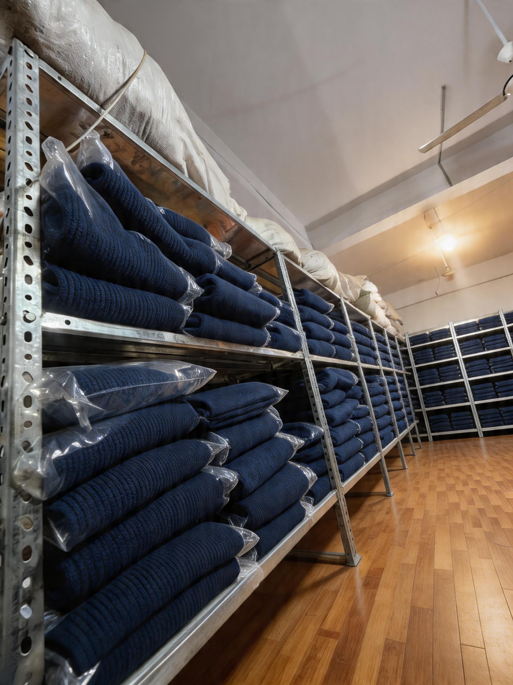 Rows of finished navy fleece hoodies at Apex Corporation's North Karachi facility, packaged and ready for shipment.